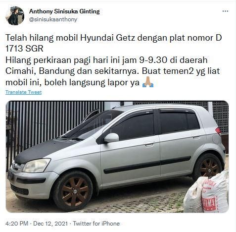 ginting, mobil anthony ginting hilang (Twitter/@sinisukaanthony)