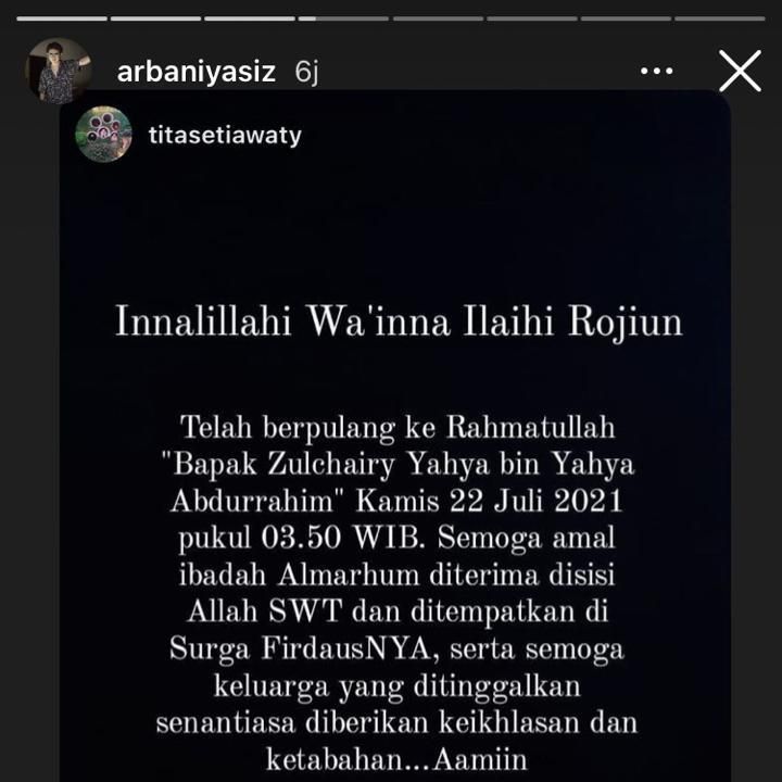 Ayah Arbani meninggal dunia (Foto: Instagram Story/@arbaniyasiz)