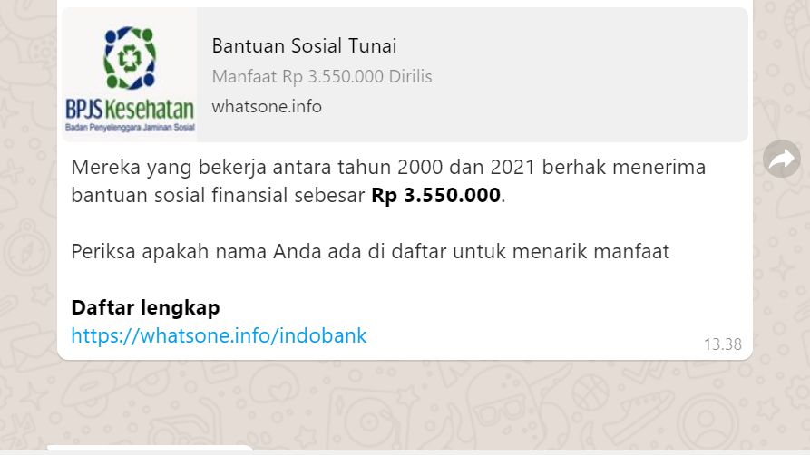 Waspada Pesan Berantai Hoaks BLT BPJS di WhatsApp, Jangan Dibuka!