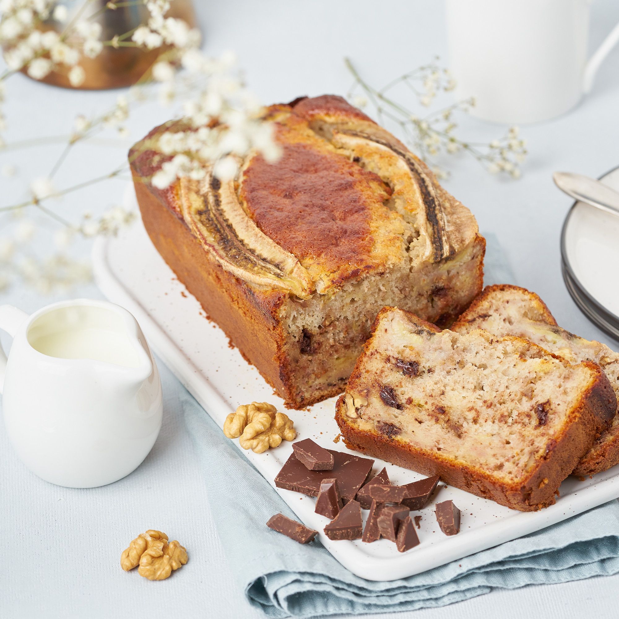 Banana bread. sliced cake with banana, chocolate, walnut ...