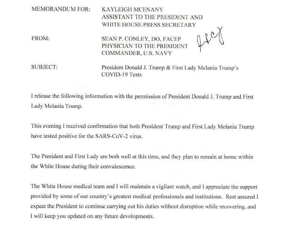 Surat pernyataan Trump Positif COVID-19