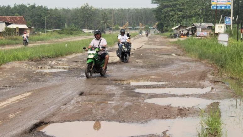 Jalan Rusak di Lampung Ditimbun Batu Jelang Kunjungan Jokowi