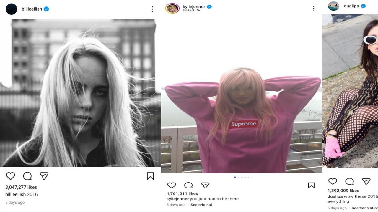 Artis internasional yang ikut meramaikan tren 2016 (Instagram/@billieeilish, @kyliejenner, @dualipa).   