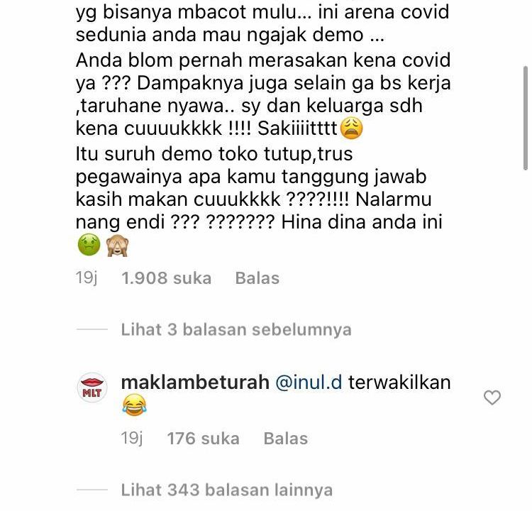 Komentar Inul Daratista (Foto: Instagram/@maklambeturah)
