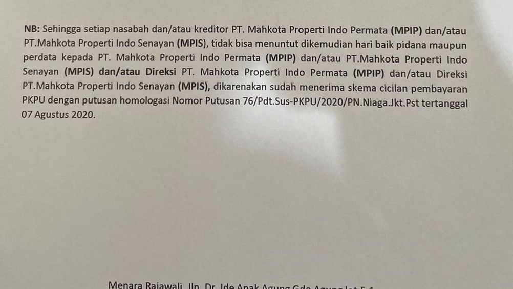 PT MPIP Cicil Pengembalian Dana Nasabah Rp2,5 Juta dengan Syarat, LQ Indonesia Lawfirm Ajukan Gugatan Pembatalan Homologasi