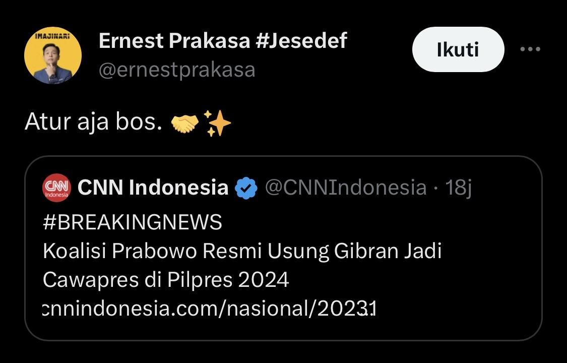 Cuitan Ernest (Foto: Twitter/@ernestprakasa)