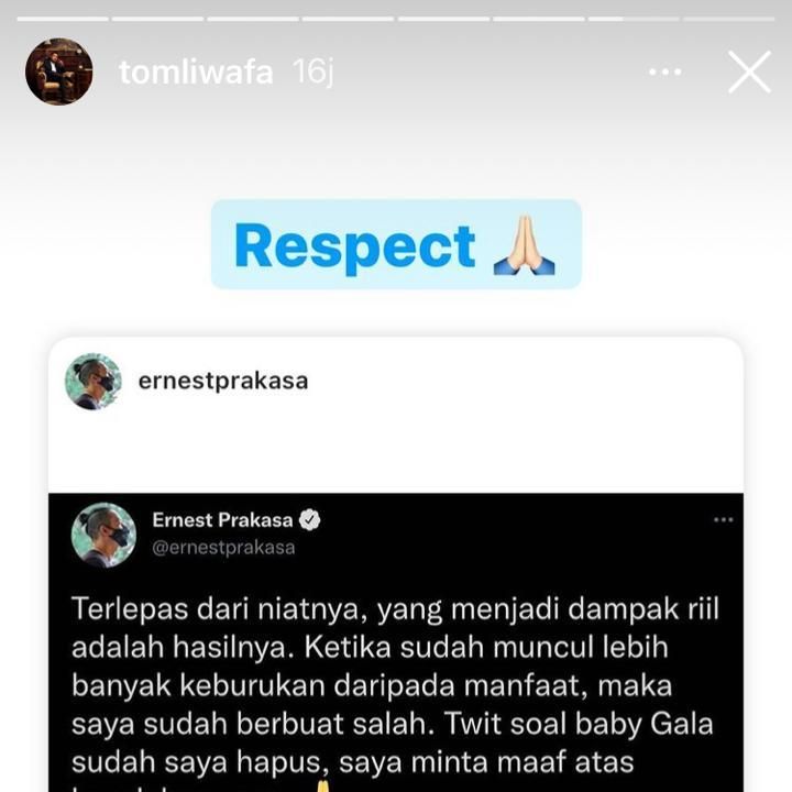 Tom Liwafa tanggapi permintaan maaf Ernest (Foto: Instagram/@tomliwafa)
