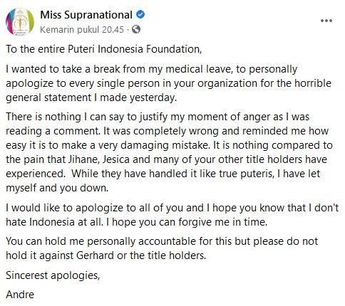 Permintaan maaf direktur Miss Supranational (Dok: Facebook/ Miss Supranational)