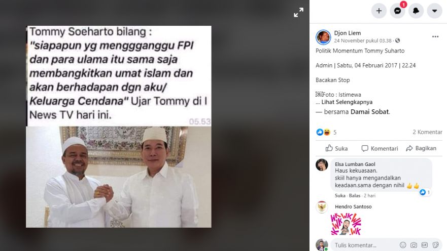 Tommy Soeharto Bela Habib Rizieq dan FPI, Hoax or Not?