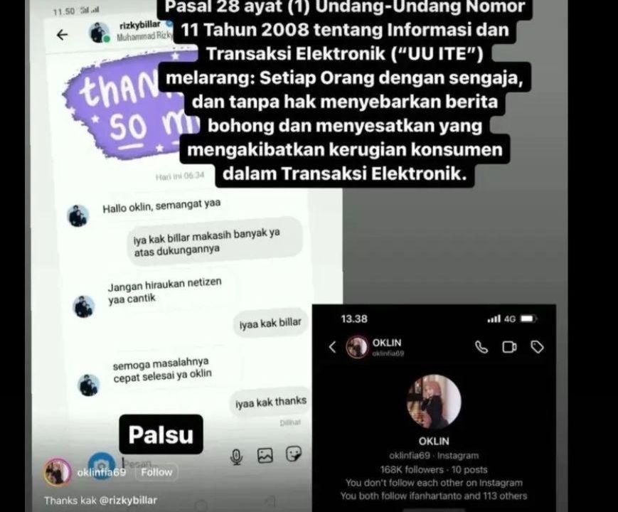 Percakapan DM diduga Billar ke Oklin (Foto: Instagram/@lambe__danu)