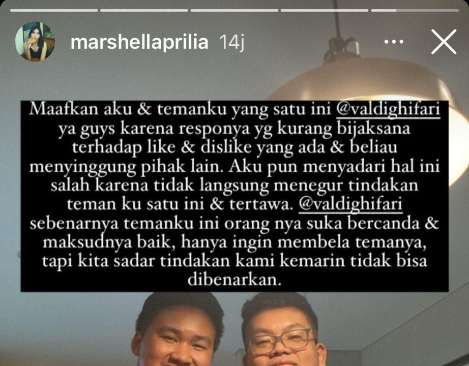 Permintaan maaf Marshella Aprilia (Foto: Instagram stories/@marshellaprilia)