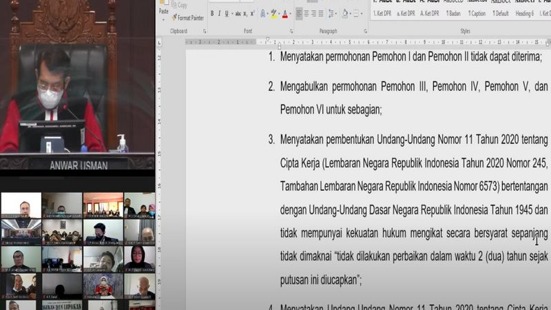 MK Putuskan UU Cipta Kerja Bertentangan Dengan UUD 1945, Pemerintah ...