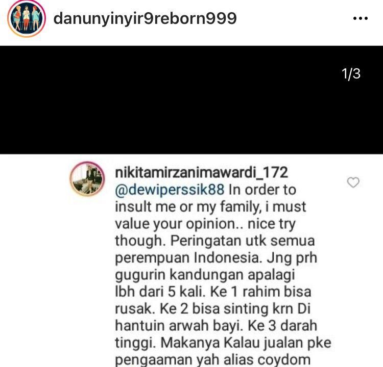 Komentar Nikita Mirzani (Foto: Instagram/@danunyinyir9reborn99)
