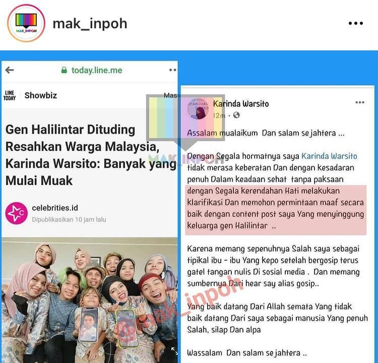 Klarifikasi penyebar isu keluarga Gen Halilintar (Foto: Instagram/@mak_inpoh)
