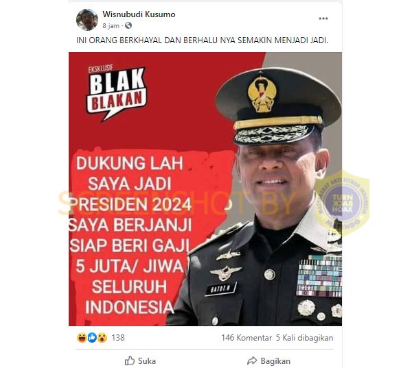  Akun Facebook Wisnubudi Kusumo mengunggah gambar mantan Panglima TNI Jenderal TNI Purn Gatot Nurmantyo (Dok. Turnbackhoax.id)
