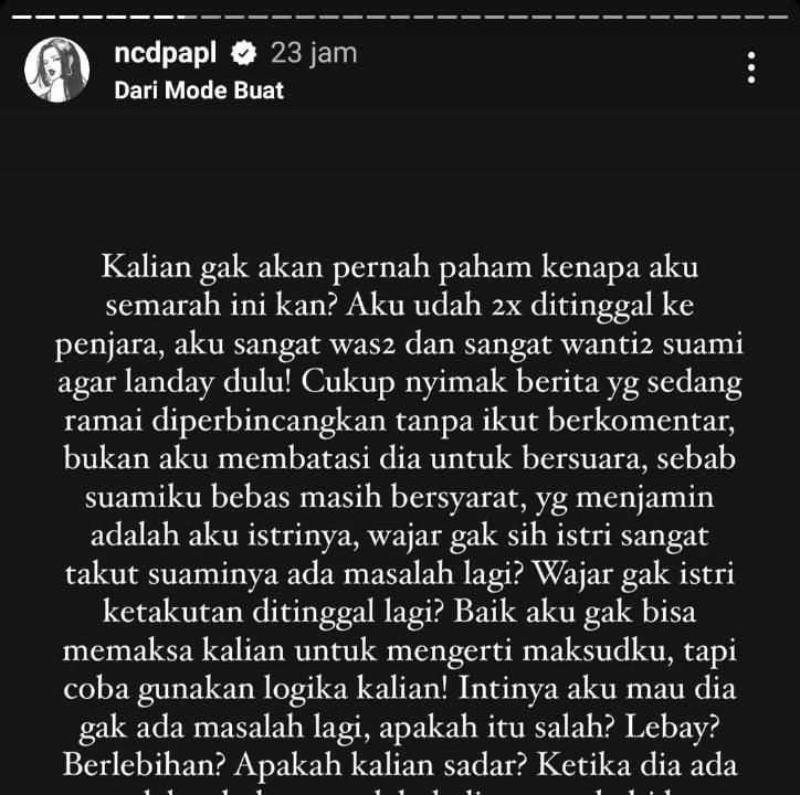 Unggahan Nora (Foto: Instagram story/@ncdpapl)